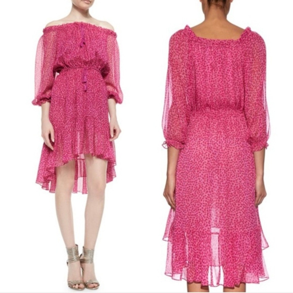 Diane von Furstenberg Pink Leopard Silk Chiffon Off Shoulder High Low Dress 6
